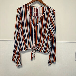 Women's Fashion Muse Blouse, XL, Multicolor Stripes Long Sleeve Tie Bottim